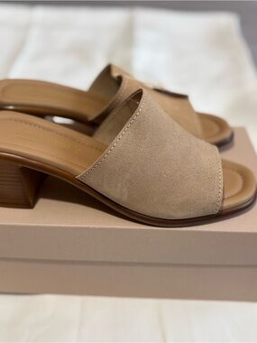 Neutral Suede Open-Toe Slide Sandals in Beige